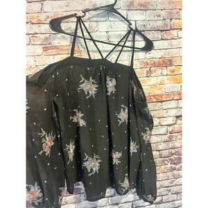 Ro & De black sheer embroidered off the shoulder blouse top women's size large